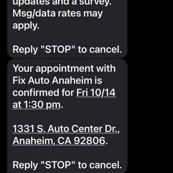 Fix Auto - Confirmation message - Body Shops Near Me - Anaheim, California