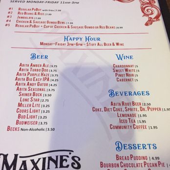 Maxine's Gumbo House - Back of menu, lunch, happy hour, drinks and desserts - Cajun/Creole Near Me - Manor, Texas