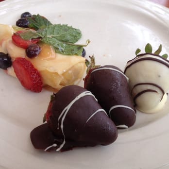 Alexander's Restaurant and Lounge - Chocolate covered strawberries and a cheese blintz. - Steakhouses Near Me - Ventura, California Alexander's Restaurant and Lounge - Chocolate covered strawberries and a cheese blintz. - Steakhouses Near Me - Ventura, California