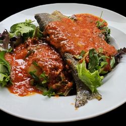 Fischfeinkost Delikatessen des Meeres - Forelle mit Kartoffeln und Wildsalat