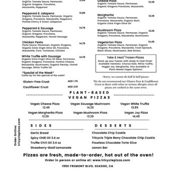 Tricycle Pizza - Exploring? Here's a quick peek of the menu. Click on the website to place an order. - Pizza Near Me - Seaside, California Tricycle Pizza - Exploring? Here's a quick peek of the menu. Click on the website to place an order. - Pizza Near Me - Seaside, California