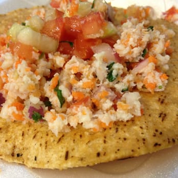 Alegrias Seafood - App as soon as u sit down. Shrimp and veggies over a tostada. - Seafood Near Me - Chicago, Illinois Alegrias Seafood - App as soon as u sit down. Shrimp and veggies over a tostada. - Seafood Near Me - Chicago, Illinois