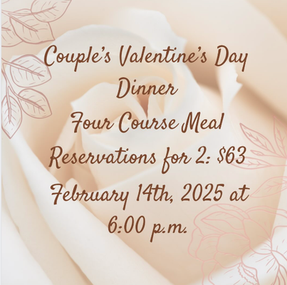 Valentine's Day Dinner - Enchanted Gatherings Tea Room is hosting a couples dinner on Valentine’s Day at 6pm for you and your special someone to come enjoy a delicious 4 course meal and tea; menu on second slide. Reservations can be made for 2 at a cost of $63, with everything included for both guests. To reserve your spot, you can call at 256-654-3883 or visit us and reserve your dinner in person.
We hope you come join us for an enchanting and lovely evening that’s sure to make lasting memories. ❤️
#valentinesday #loveisintheair #tearoom #florencealabama #theshoalsal Valentine's Day Dinner - Enchanted Gatherings Tea Room is hosting a couples dinner on Valentine’s Day at 6pm for you and your special someone to come enjoy a delicious 4 course meal and tea; menu on second slide. Reservations can be made for 2 at a cost of $63, with everything included for both guests. To reserve your spot, you can call at 256-654-3883 or visit us and reserve your dinner in person.
We hope you come join us for an enchanting and lovely evening that’s sure to make lasting memories. ❤️
#valentinesday #loveisintheair #tearoom #florencealabama #theshoalsal
