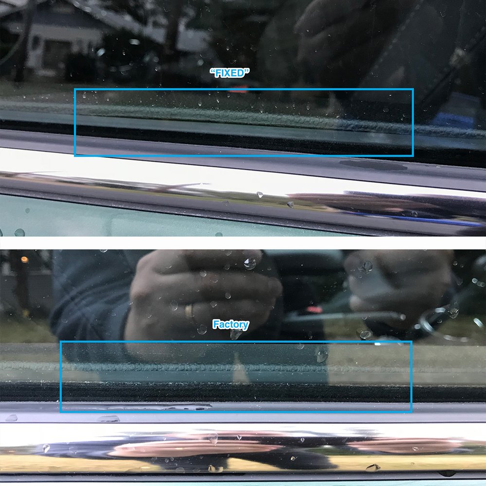 Interior trim panel buckling at the top as compared to the factory-installed passenger side on the bottom.