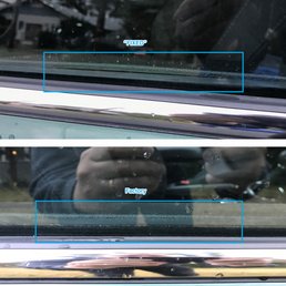 Interior trim panel buckling at the top as compared to the factory-installed passenger side on the bottom.