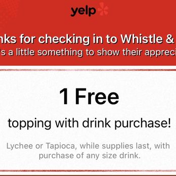 Whistle & Fizz - Check in @ W&F for the free topping w/ any drink purchase offer when you order in person becuz you only have 4 mins to redeem it. - Coffee & Tea Near Me - New York, New York Whistle & Fizz - Check in @ W&F for the free topping w/ any drink purchase offer when you order in person becuz you only have 4 mins to redeem it. - Coffee & Tea Near Me - New York, New York