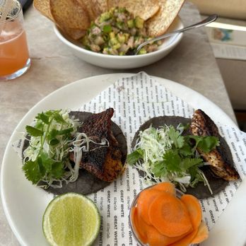 Great White Melrose - FISH TACOS - housemade blue corn tortilla, striped bass, tomatillo salsa, cilantro cabbage slaw - Salad Near Me - West Hollywood, California Great White Melrose - FISH TACOS - housemade blue corn tortilla, striped bass, tomatillo salsa, cilantro cabbage slaw - Salad Near Me - West Hollywood, California