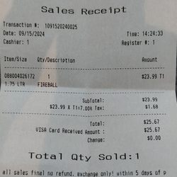 Liquor 46 - Receipt for 1.75 liter bottle of Fireball