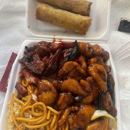 a takeout container with noodles and meat a takeout container with noodles and meat