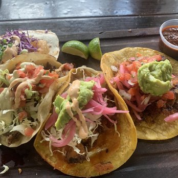 Compadres Cantina - TACO FLIGHT Surf and turf/ pork belly/ crispy shrimp / pulpo quesataco - Mexican Near Me - Ontario, California