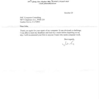 IMC Computer Consulting - An unsolicited letter from a pleased, repeat customer! - IT Services & Computer Repair Near Me - Garden Grove, California IMC Computer Consulting - An unsolicited letter from a pleased, repeat customer! - IT Services & Computer Repair Near Me - Garden Grove, California