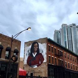 Chicago Bike Adventures - Michelle Obama wearing Korean traditional clothes "Hanbok" commissioned by the Korean restaurant that will be opening in the building