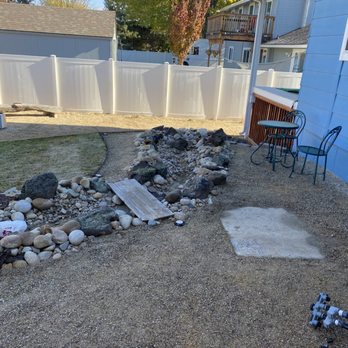 Flutterby Gardens Landscaping - Xeriscape with water feature and decomposed granite FirePit area with sitting logs - Landscaping Near Me - Boise, Idaho