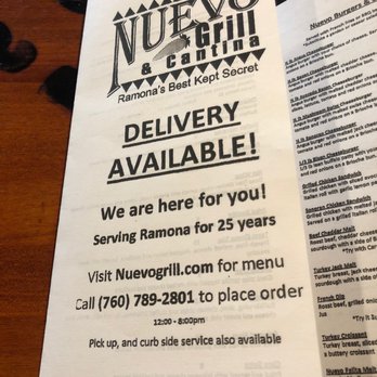 Nuevo Grill & Cantina - New paper menus for vivid-19 safety - Mexican Near Me - Ramona, California Nuevo Grill & Cantina - New paper menus for vivid-19 safety - Mexican Near Me - Ramona, California