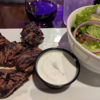Jimmy D's - Steak tips, salad & blue cheese dressing ($20.25) with a glass of Josh Cabernet. - Bars Near Me - Franklin, Massachusetts
