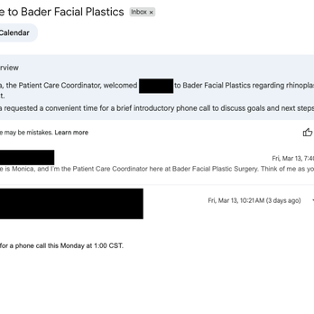 Bradford Bader, MD - My wife responded to Monica's email with a suggested time for a call the following Monday. No response to that either. - Cosmetic Surgeons Near Me - Plano, Texas