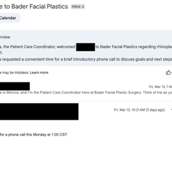 Bradford Bader, MD - My wife responded to Monica's email with a suggested time for a call the following Monday. No response to that either.