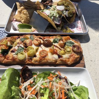 Ballast Point Brewing Long Beach - Lettuce wraps YUM YUM  Margarita flatbread pizza  and the Barbacoa  tacos - Breweries Near Me - Long Beach, California