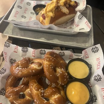 Elicit Brewing Co - Manchester - Homewrecker and beer cheese Twisted Pretzel Sticks - Breweries Near Me - Manchester, Connecticut