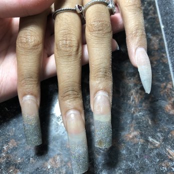 Elite Nails - Before: client did her own nails at home; came in for a cut down + refill - Nail Salons Near Me - Baton Rouge, Louisiana