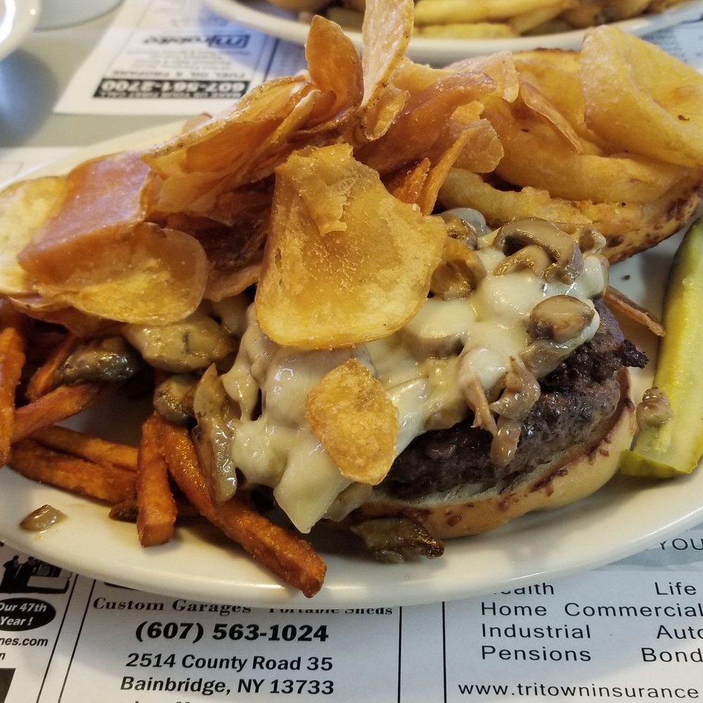 Bob's Diner - mushroom swiss burger with home made potato chips plus sweet potato fries and onion rings - Diners Near Me - Bainbridge, New York Bob's Diner - mushroom swiss burger with home made potato chips plus sweet potato fries and onion rings - Diners Near Me - Bainbridge, New York