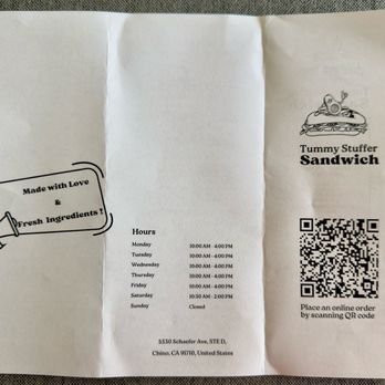 Tummy Stuffer - Hours and QR code to order ahead - Sandwiches Near Me - Chino, California Tummy Stuffer - Hours and QR code to order ahead - Sandwiches Near Me - Chino, California