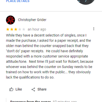 Kaboom - The image displays a Google review for a game store named Kaboom, with a profile picture of the store's exterior. The review is written by Christopher Grider, who gives three stars and comments on the store's selection and customer service. The store's response from the owner addresses the review, mentioning customer training and conduct. The review and response are shown with options to like or share. - Hobby Shops Near Me - Virginia Beach, Virginia