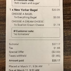 UCBC bagels - UberEats receipt