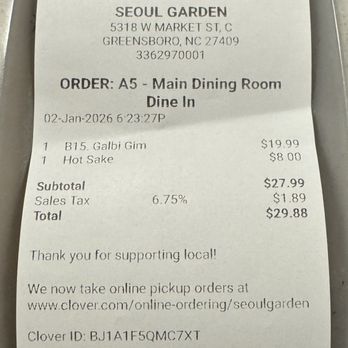 Seoul Garden - Bill for one person - Korean Near Me - Greensboro, North Carolina