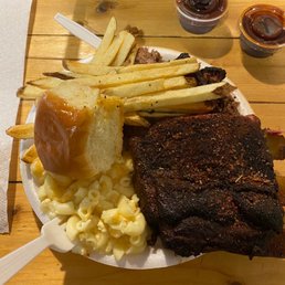 Ribs, Mac and Cheese, Fries, Brisket