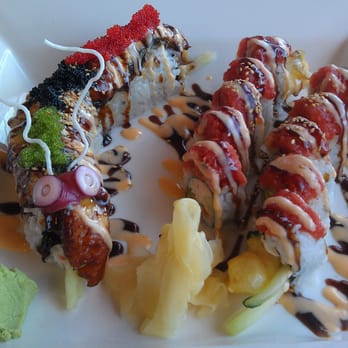 Naka Sushi - Dragon Roll (L) Flamingo Roll (R) - Sushi Bars Near Me - Albuquerque, New Mexico Naka Sushi - Dragon Roll (L) Flamingo Roll (R) - Sushi Bars Near Me - Albuquerque, New Mexico