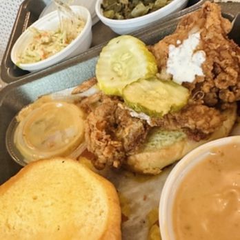 Joella's Hot Chicken - Mason - Chicken sandwich with pickles, Collard Greens with Bacon, Sweet Vinegar Slaw, Parm Garlic Fries, Classic Dippin Sauces - Chicken Wings Near Me - Mason, Ohio