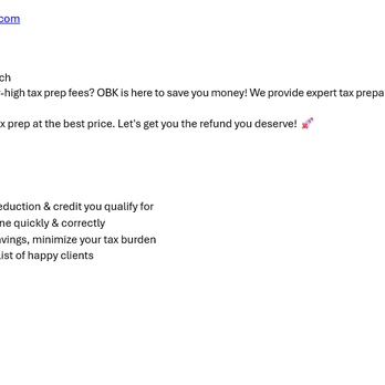 Outsource Bookkeeper - here is an example of the contact form spamming you can expect from this "company" - Tax Services Near Me