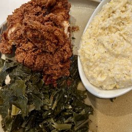 Fried chicken, collard greens and Marsh Hen Mill Grits Fried chicken, collard greens and Marsh Hen Mill Grits