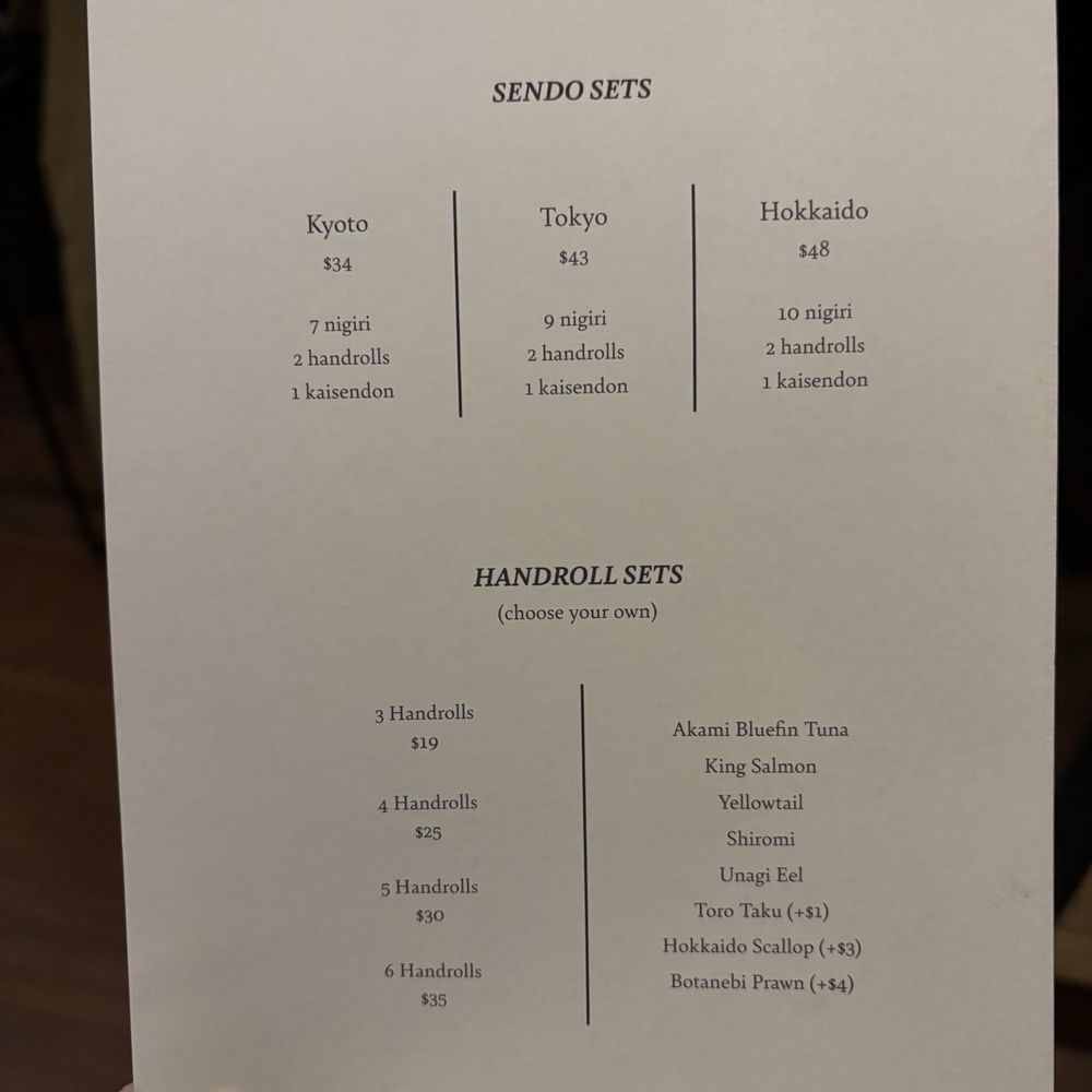 Sendo - Menu (as of March 2026) - Sushi Bars Near Me - New York, New York