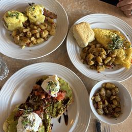 Omelette, eggs Benedict, avocado toast