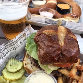 Twin Oast - Burger with fries upgrade and pretzel with three dipping sauces. - Breweries Near Me - Port Clinton, Ohio Twin Oast - Burger with fries upgrade and pretzel with three dipping sauces. - Breweries Near Me - Port Clinton, Ohio