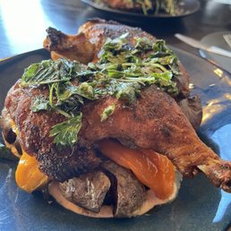 Brick Chicken  Crispy potatoes, charred peppers, chimichurri, chipotle-caper remoulade