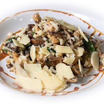 Feast - Arborio, Farro & Quinoa Risotto
with mushrooms, baby spinach, Parmesan cheese, and red wine reduction - New American Near Me - Gibsonia, Pennsylvania Feast - Arborio, Farro & Quinoa Risotto
with mushrooms, baby spinach, Parmesan cheese, and red wine reduction - New American Near Me - Gibsonia, Pennsylvania