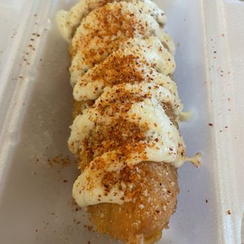 Koco Korean Fried Chicken & Croffles - Elote Korean Corndog  Mozzarella, All Beef Hotdog, coated with Corn, and drizzled with Cream, Spicy Mayo - Korean Near Me - Virginia Beach, Virginia