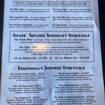 Blind Tiger - Drink menu - Cajun/Creole Near Me - Shreveport, Louisiana Blind Tiger - Drink menu - Cajun/Creole Near Me - Shreveport, Louisiana