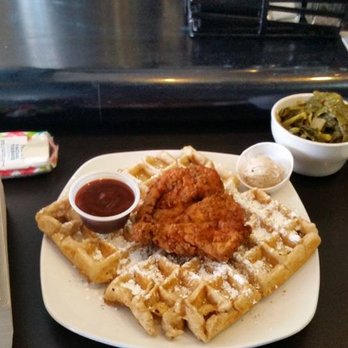 Dame's Chicken & Waffles - Chicken cutlet on classic waffle with maple pecan shmear and spicy calypso sauce, side of collard greens. - Southern Near Me - Durham, North Carolina Dame's Chicken & Waffles - Chicken cutlet on classic waffle with maple pecan shmear and spicy calypso sauce, side of collard greens. - Southern Near Me - Durham, North Carolina