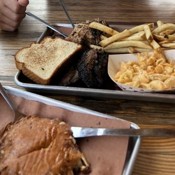 Creekside BBQ - 3 meat plate - brisket (a special), pulled pork, & ribs Sides- Mac and cheese, fries, and go ahead and get the cheese grits - Barbeque Near Me - Pelham, Alabama Creekside BBQ - 3 meat plate - brisket (a special), pulled pork, & ribs Sides- Mac and cheese, fries, and go ahead and get the cheese grits - Barbeque Near Me - Pelham, Alabama