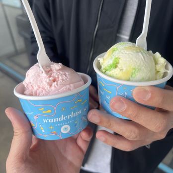 Wanderlust Creamery - Sakura Crunch (left) and Pandan Tres Leches (right) - Ice Cream & Frozen Yogurt Near Me - Pasadena, California Wanderlust Creamery - Sakura Crunch (left) and Pandan Tres Leches (right) - Ice Cream & Frozen Yogurt Near Me - Pasadena, California