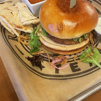 Ferah Tex Med Kitchen - Falafel Burger with tomato basil Soup of the Day - Mediterranean Near Me - Southlake, Texas