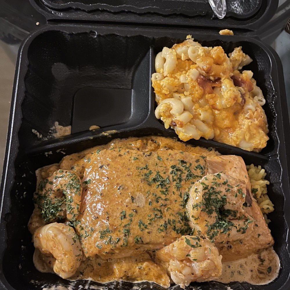 Ka'ribbean Fire - Cajun salmon with shrimp (Mac and cheese/yellow rice as sides) - Caribbean Near Me - La Plata, Maryland Ka'ribbean Fire - Cajun salmon with shrimp (Mac and cheese/yellow rice as sides) - Caribbean Near Me - La Plata, Maryland