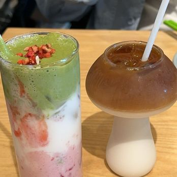 Jun Bistro - Cute drinks and taste amazing!! Strawberry matcha (left) and coconut coffee latte (right) - Chinese Near Me - Milpitas, California