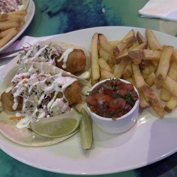 Jimmy Buffett's Margaritaville - Landshark Beer-battered Fish Tacos with Fries instead of Rice and Beans - American Near Me - Orlando, Florida