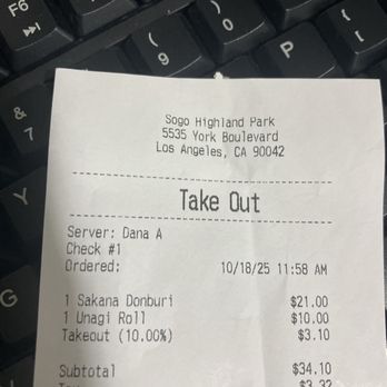 Sōgo Roll Bar - Receipt with extra takeout fee. - Sushi Bars Near Me - Los Angeles, California