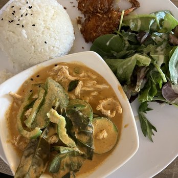 New Thai Bistro - L-Red Panang Curry Lunch Combo (Entre Side Rice) with coconut shrimps. - Thai Near Me - Pleasanton, California New Thai Bistro - L-Red Panang Curry Lunch Combo (Entre Side Rice) with coconut shrimps. - Thai Near Me - Pleasanton, California